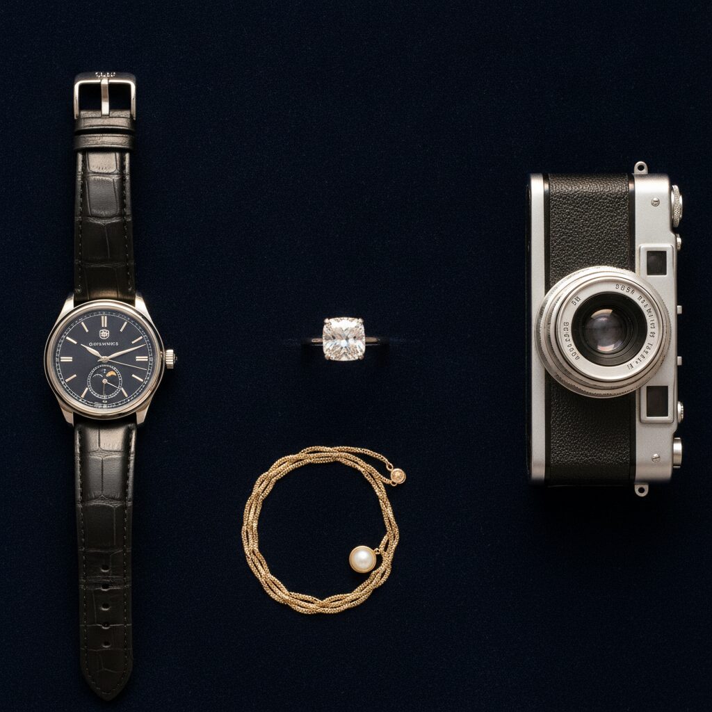 A flat-lay of valuables — engagement ring, watch, camera and necklace — article floater jewelry insurance from InsureToday24, insuretoday24.com