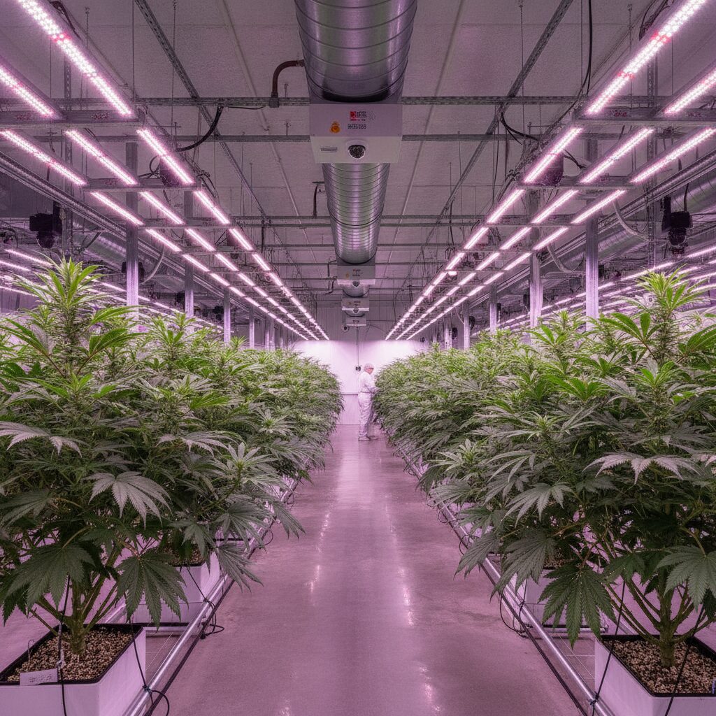 A licensed indoor cannabis cultivation facility with grow lights — cannabis cultivation insurance from InsureToday24, insuretoday24.com