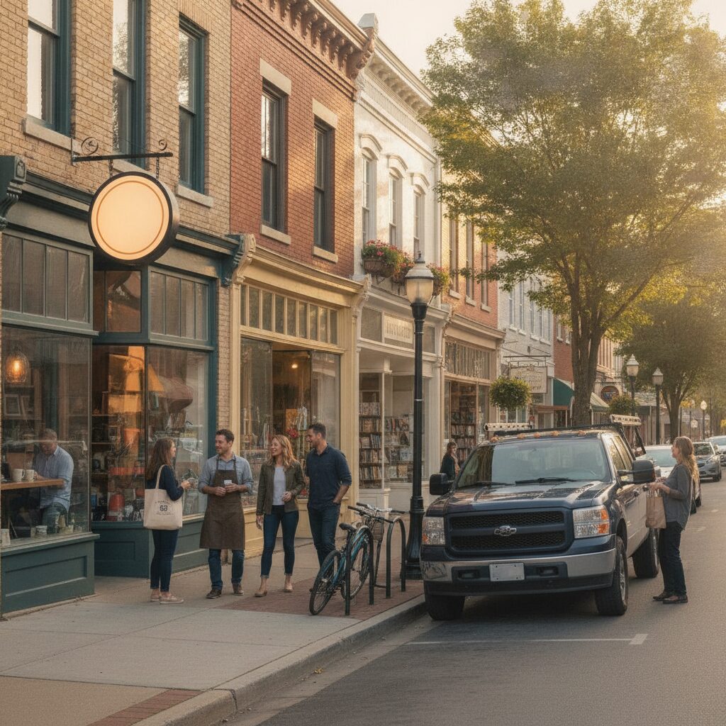 A bustling small-town Main Street of thriving local businesses — what commercial insurance protects