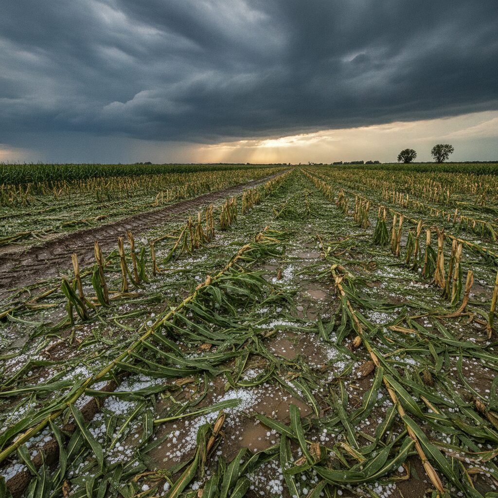 A corn field shredded by a hailstorm — the kind of dollar-one damage crop-hail insurance covers — InsureToday24, insuretoday24.com