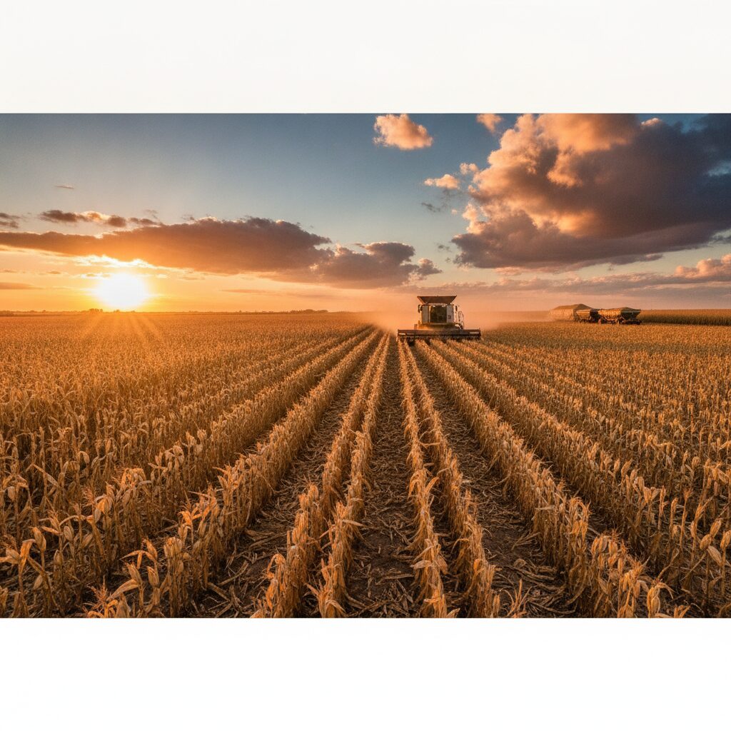 A vast golden cornfield under a big sky with a combine harvesting in the distance insurance | InsureToday24 — insuretoday24.com