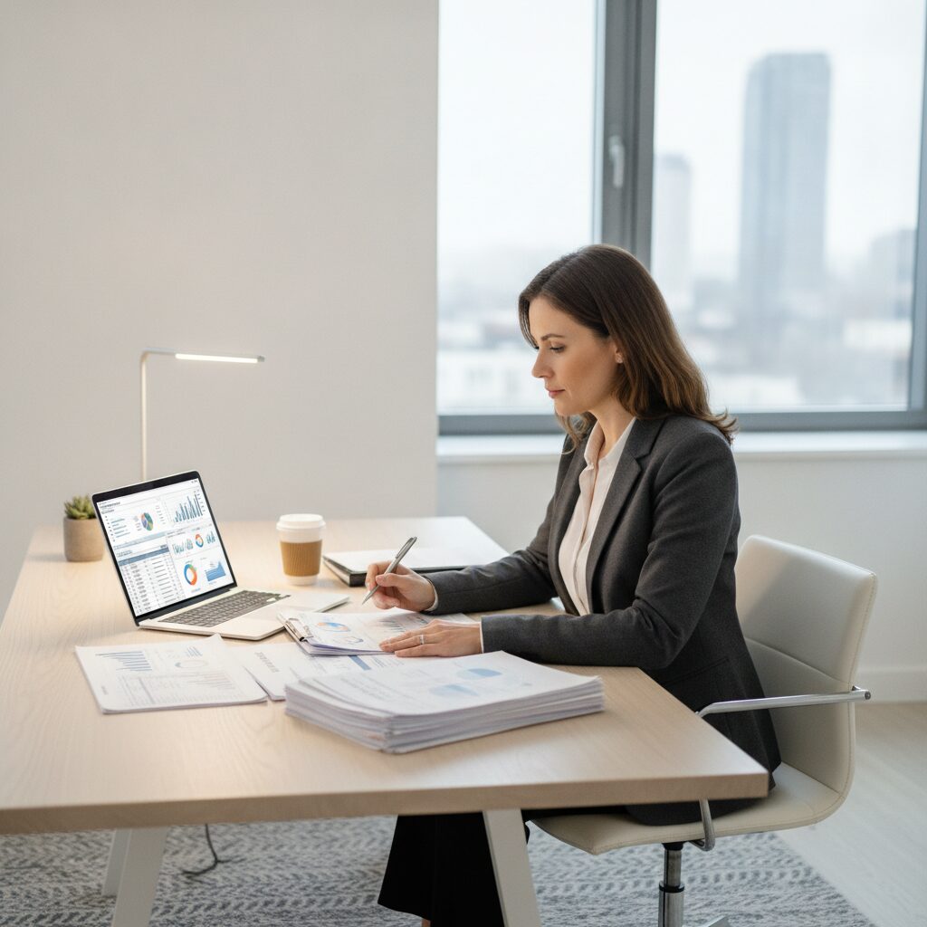A focused professional reviewing documents at a desk — errors & omissions professional liability insurance from InsureToday24, insuretoday24.com