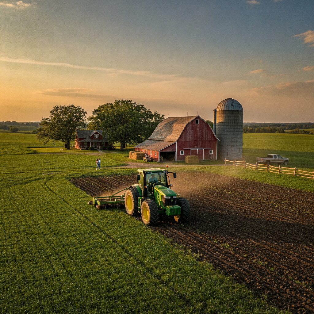 A working American family farm at golden hour — red barn, grain silo, and a tractor in a green field