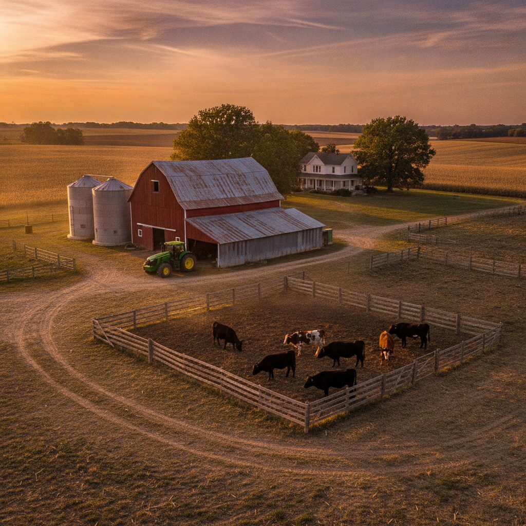 A working family farmstead — red barn, machine shed, grain bins, tractor, and cattle in a pasture at golden hour insurance | InsureToday24 — insuretoday24.com