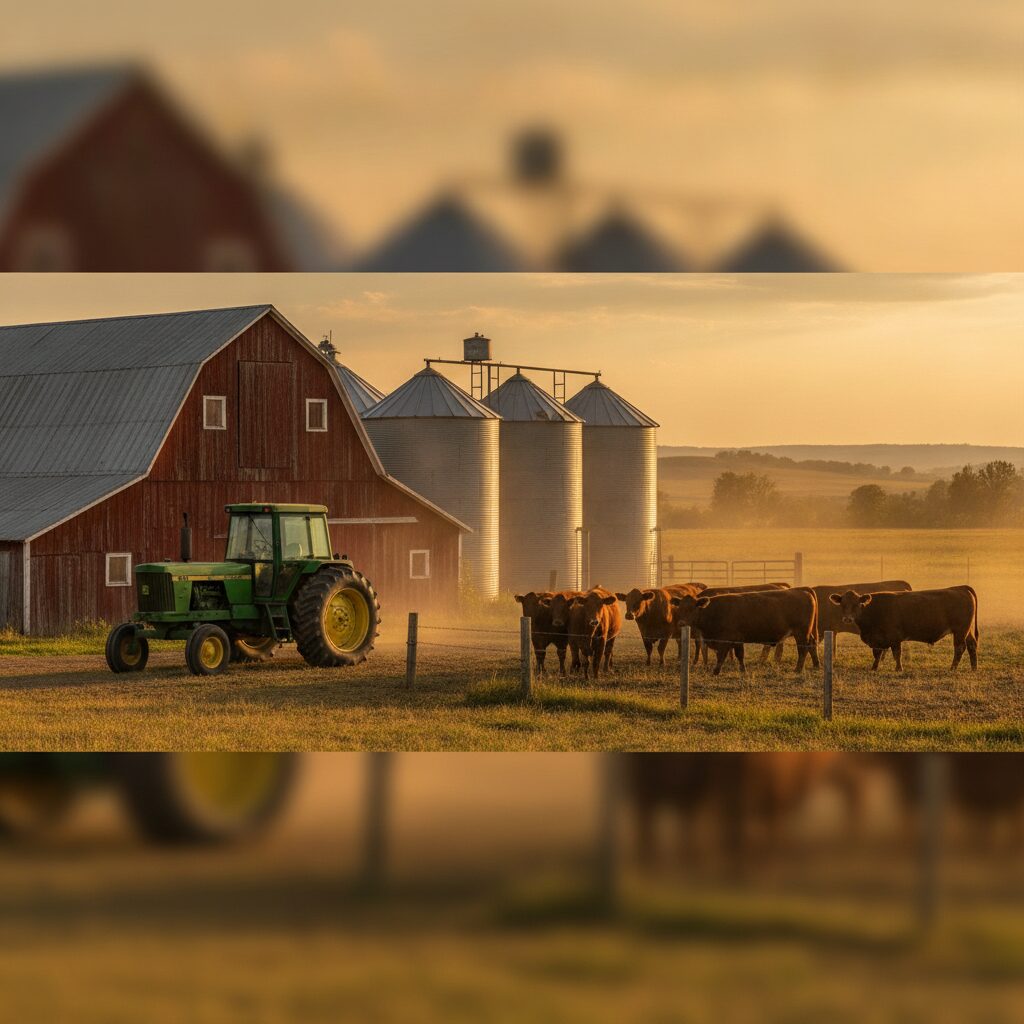 A red barn, a tractor, grain bins, and cattle in a pasture — the structures, machinery, and livestock a farm policy protects insurance — InsureToday24, insuretoday24.com