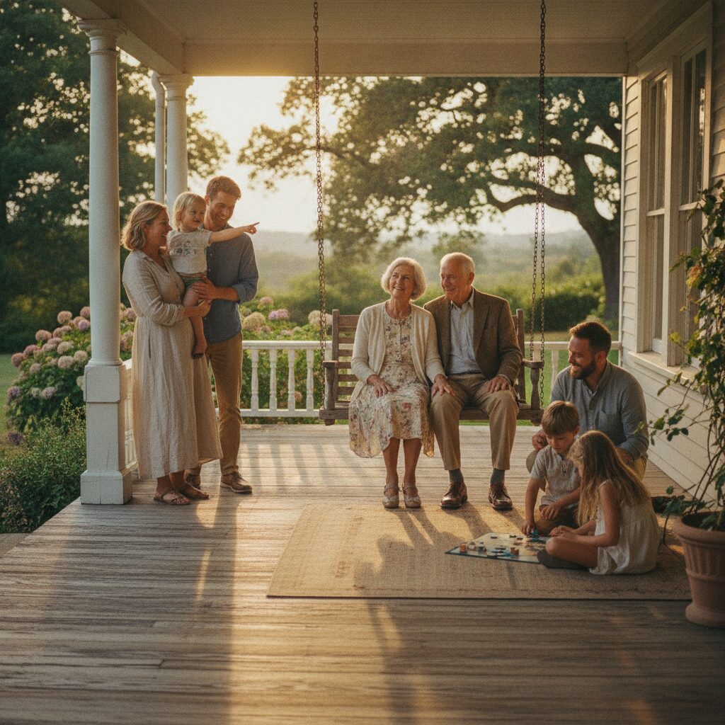A dignified multi-generational family moment on a porch — the peace of mind final expense insurance provides
