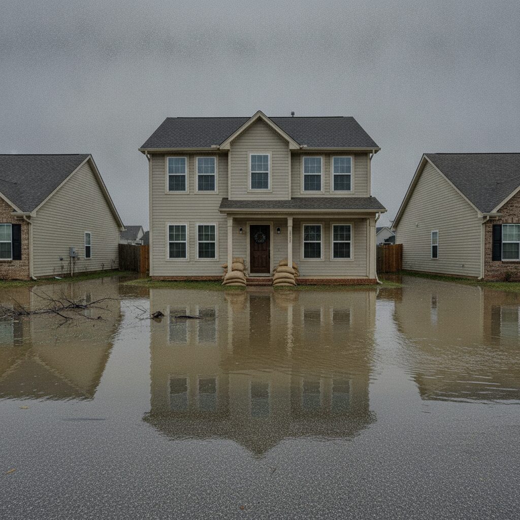 A suburban home with floodwater across the lawn and street after heavy rain, sandbags by the door