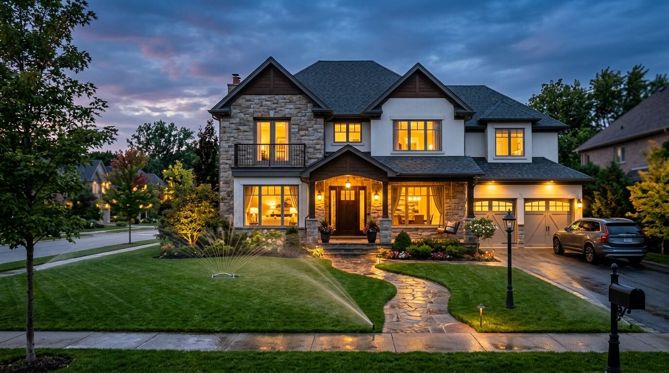 A well-kept suburban home at dusk — the kind of place homeowners insurance is built to protect