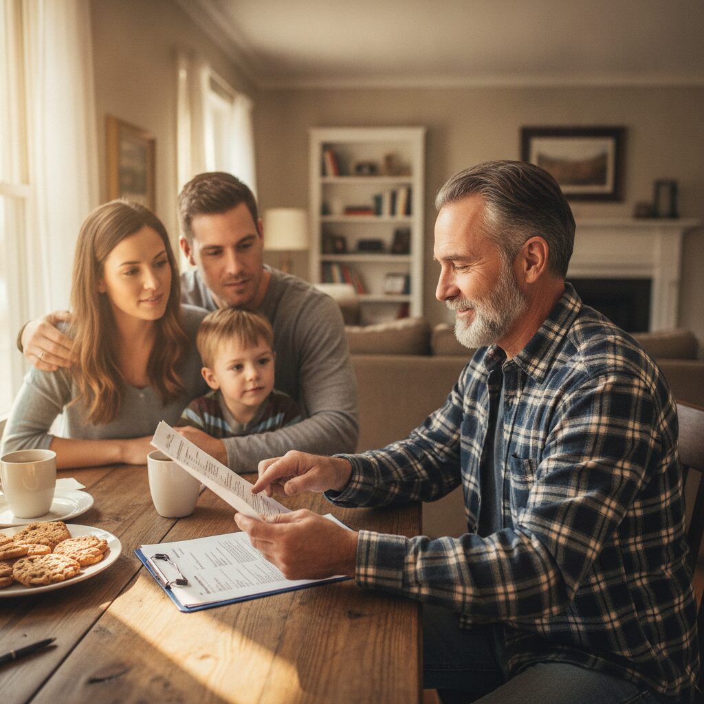 A transparent independent insurance agent openly walking a young family through the paperwork at a kitchen table
