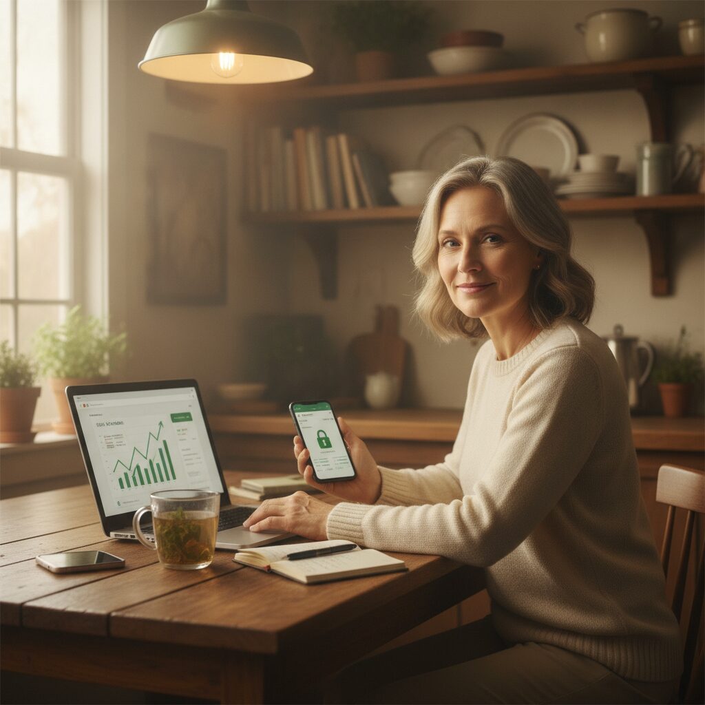 A calm person at a kitchen table securing their personal finances on a laptop and phone