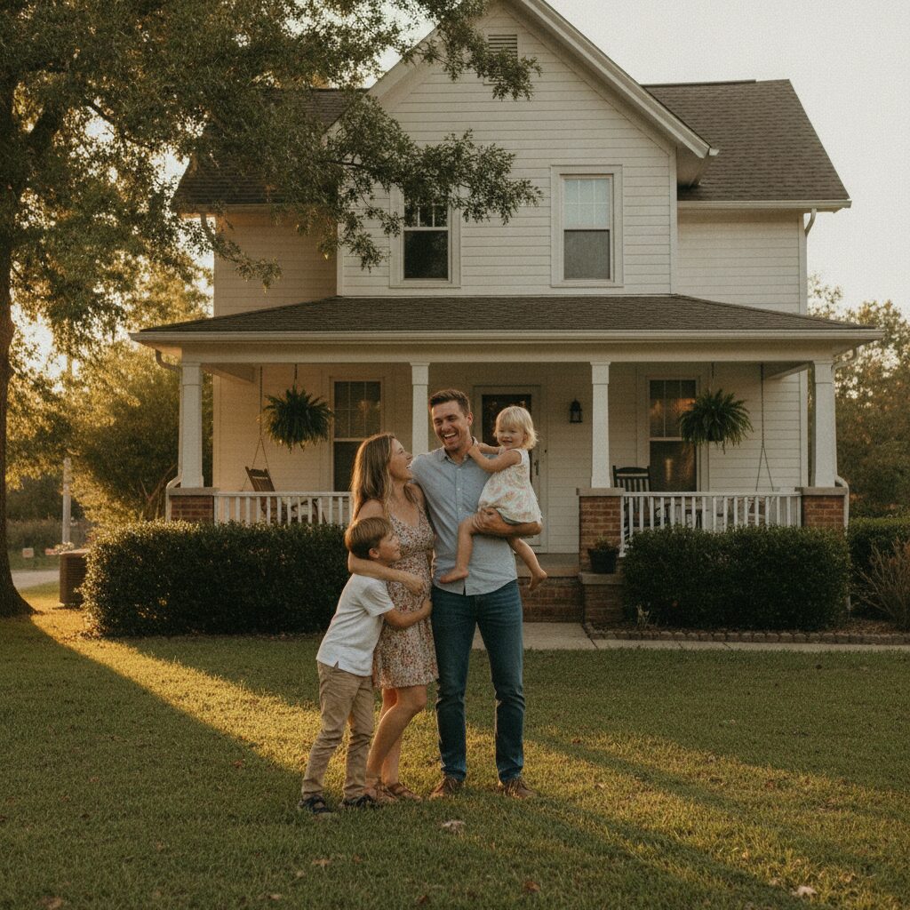 A young family on the porch of their home at golden hour — the people life insurance is built to protect