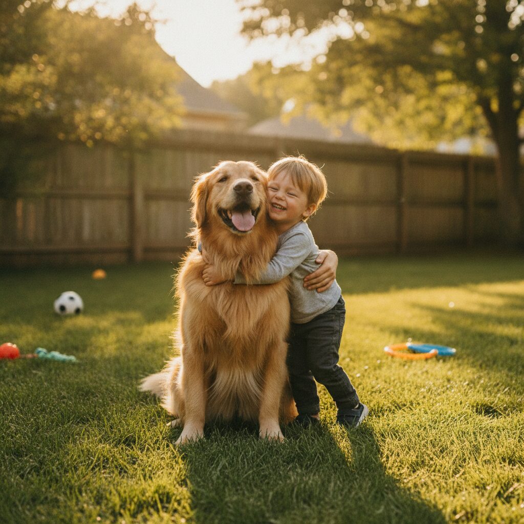 A goofy Golden Retriever in a sunny backyard with a child — the family pet that pet insurance protects