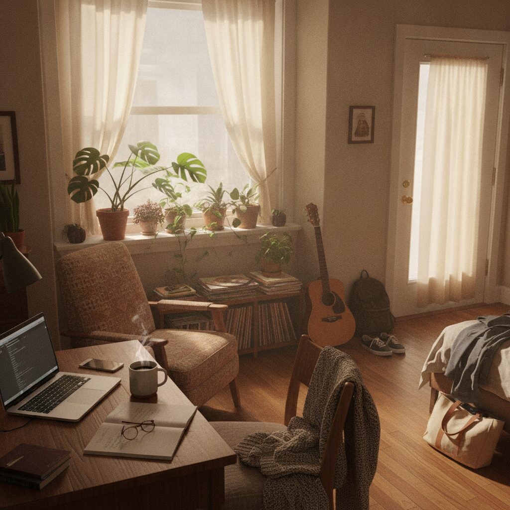 A cozy, lived-in apartment with plants, a laptop and a guitar — the belongings renters insurance protects