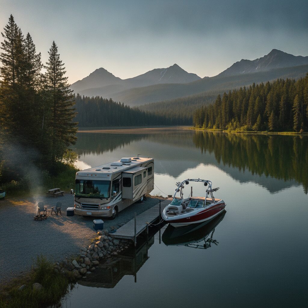 An RV parked at a lakeside campsite with a boat at the dock — RV and boat insurance from InsureToday24, insuretoday24.com