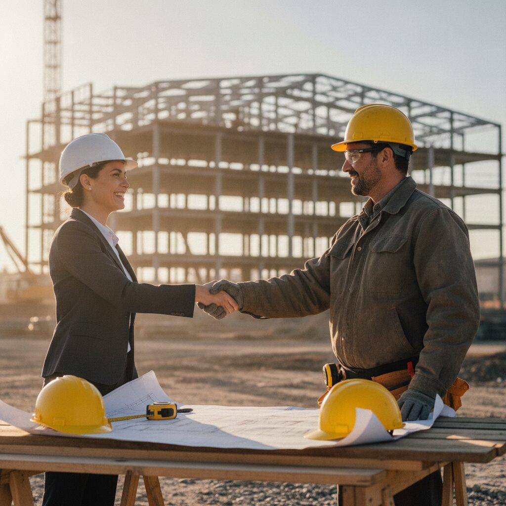 A contractor shaking hands with a project owner over blueprints at a construction site — surety bonds from InsureToday24, insuretoday24.com