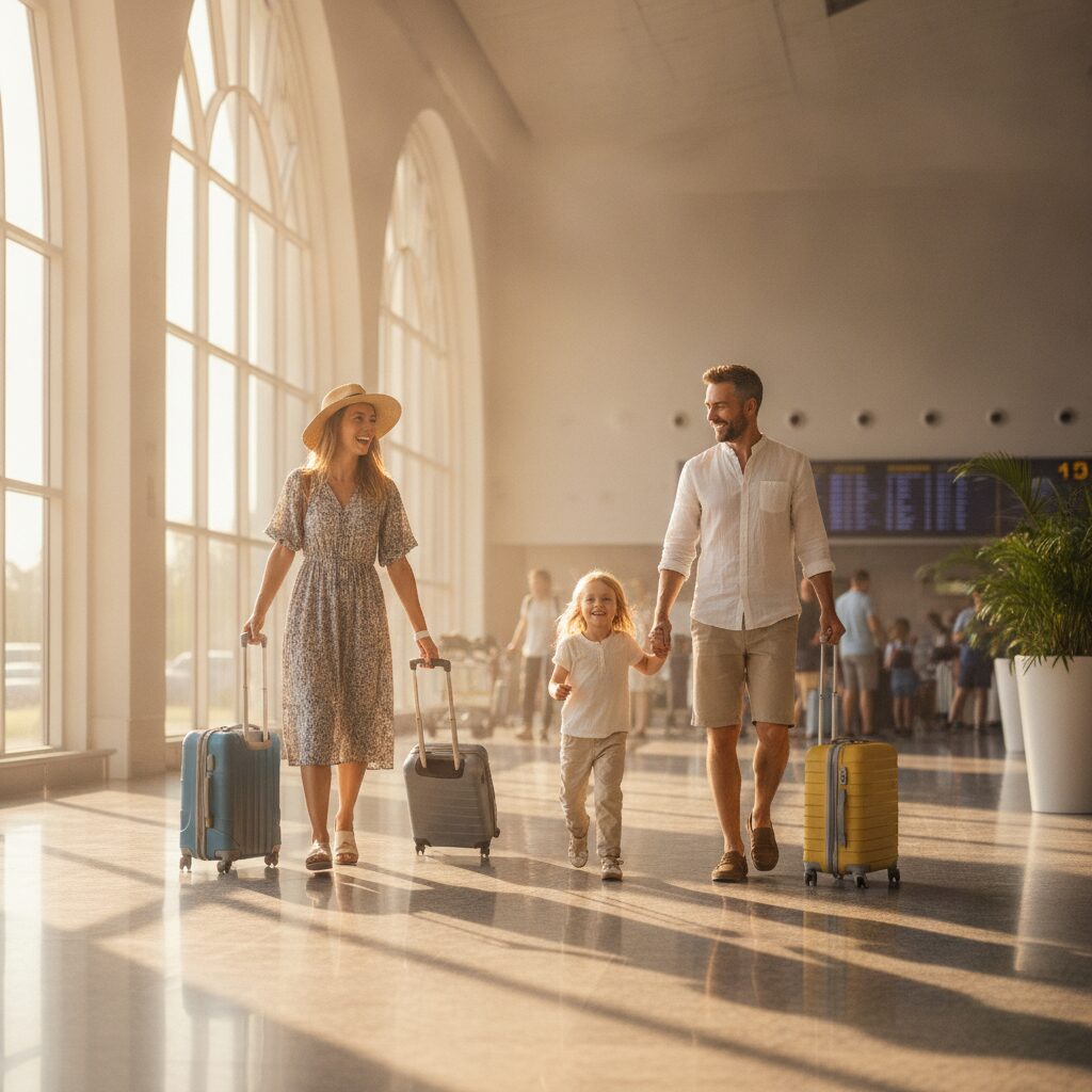 A happy family with suitcases walking through a sunlit airport terminal toward vacation