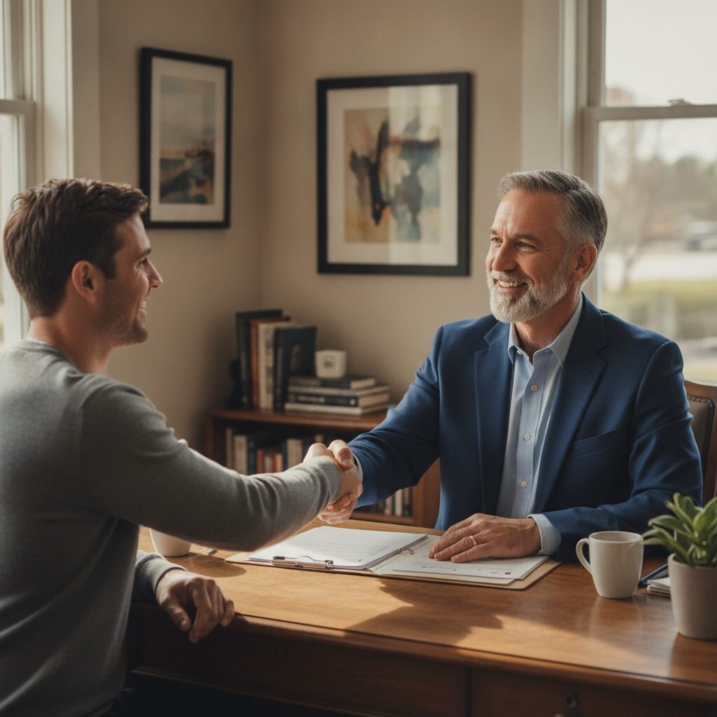 A friendly independent insurance agent shaking hands with a client across a desk in a bright local office